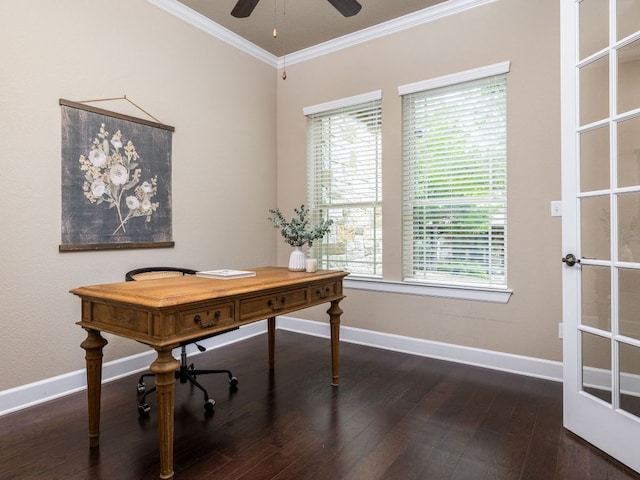 home office featuring crown molding, wood finished floors, a healthy amount of sunlight, baseboards, and a ceiling fan