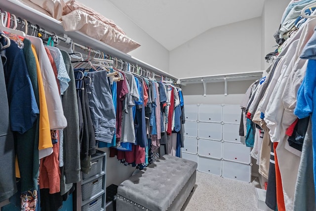 walk in closet with vaulted ceiling and carpet