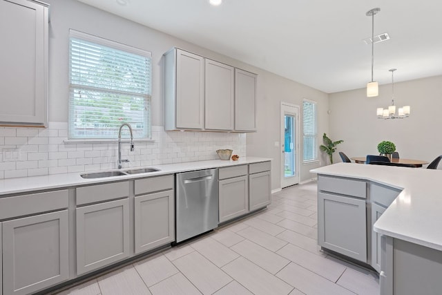 kitchen featuring a sink, decorative backsplash, gray cabinets, and stainless steel dishwasher