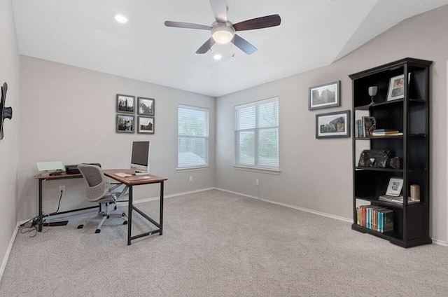 home office with a ceiling fan, baseboards, recessed lighting, and carpet