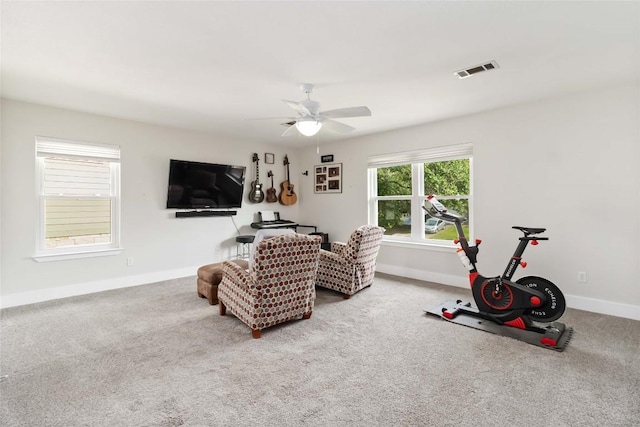 1400 Hargis Creek Trl, Austin, TX 78717 - living room with ceiling fan, baseboards, and carpet floors
