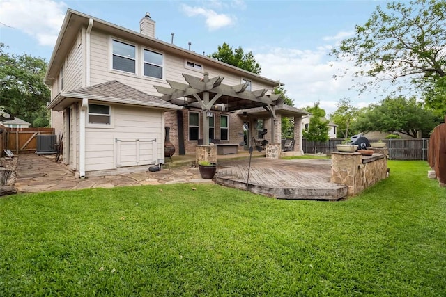 1400 Hargis Creek Trl, Austin, TX 78717 - back of property featuring a wooden deck, a pergola, a chimney, central AC, and roof with shingles