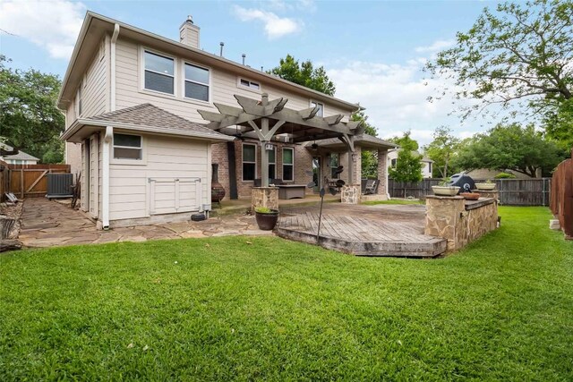 1400 Hargis Creek Trl, Austin, TX 78717 - rear view of house with a pergola, a wooden deck, a fenced backyard, a chimney, and roof with shingles