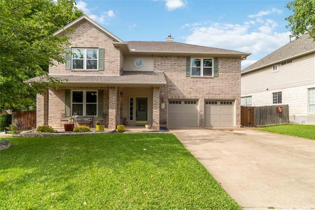 1400 Hargis Creek Trl, Austin, TX 78717 - traditional-style home featuring brick siding, a garage, concrete driveway, a porch, and a chimney