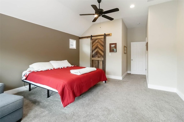 1400 Hargis Creek Trl, Austin, TX 78717 - bedroom with a barn door, carpet flooring, lofted ceiling, baseboards, and a ceiling fan