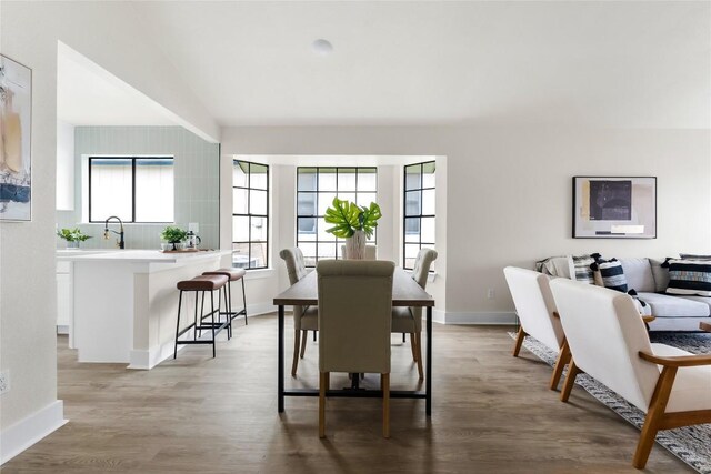 927 Peggotty Pl, Austin, TX 78753 - dining room with wood finished floors, baseboards, and lofted ceiling