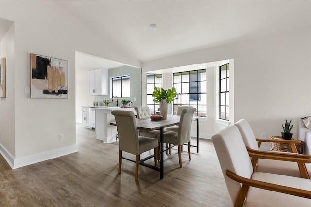 dining area featuring baseboards, wood finished floors, and lofted ceiling