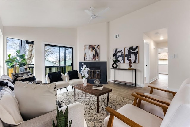 927 Peggotty Pl, Austin, TX 78753 - living room with lofted ceiling, healthy amount of natural light, wood finished floors, ceiling fan, and a fireplace