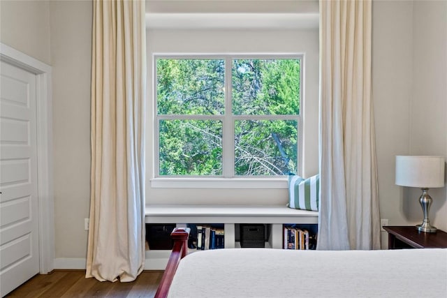 bedroom with baseboards, dark wood finished floors, and multiple windows