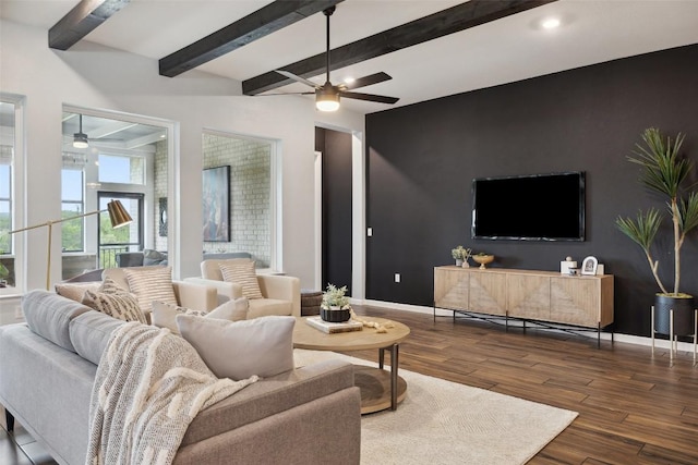 16720 Horondelle Dr, Austin, TX 78738 - living room featuring ceiling fan, hardwood / wood-style floors, beam ceiling, baseboards, and recessed lighting
