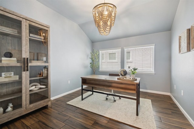 16720 Horondelle Dr, Austin, TX 78738 - office area with lofted ceiling, a chandelier, and dark wood finished floors