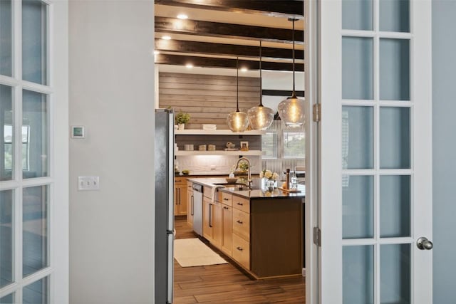 16720 Horondelle Dr, Austin, TX 78738 - bar area featuring a sink, stainless steel appliances, dark wood-style floors, french doors, and backsplash