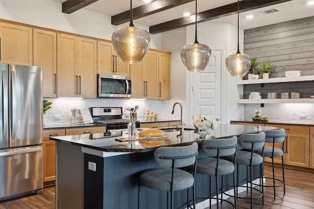 16720 Horondelle Dr, Austin, TX 78738 - kitchen with stainless steel appliances, a sink, open shelves, dark wood finished floors, and decorative backsplash