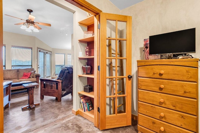 1406 Windsor Rd Unit 305, Austin, TX 78703 - living area with ceiling fan and lofted ceiling