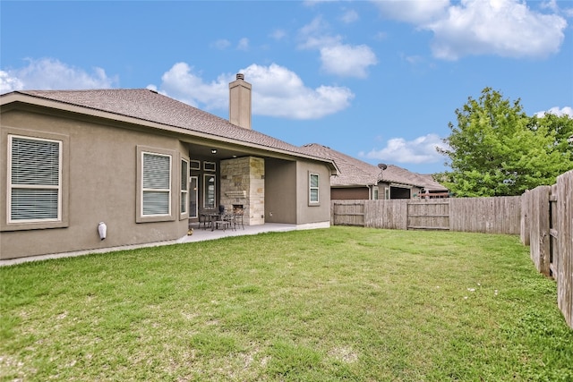 18104 Monarch Butterfly Way, Pflugerville, TX 78660 - rear view of house featuring a patio, a chimney, stone siding, and stucco siding