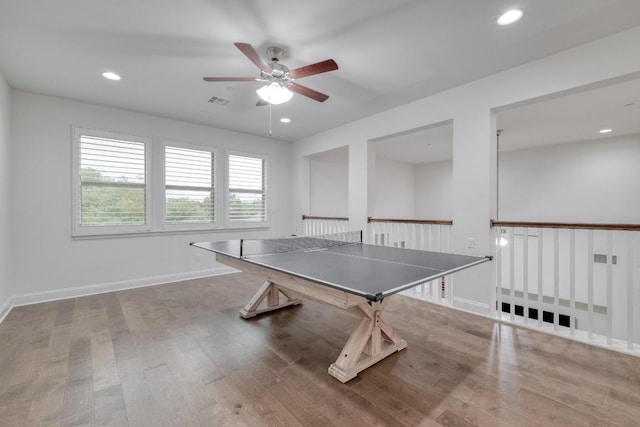 3908 Logan Ridge Dr, Cedar Park, TX 78613 - playroom featuring a ceiling fan, wood finished floors, recessed lighting, and baseboards