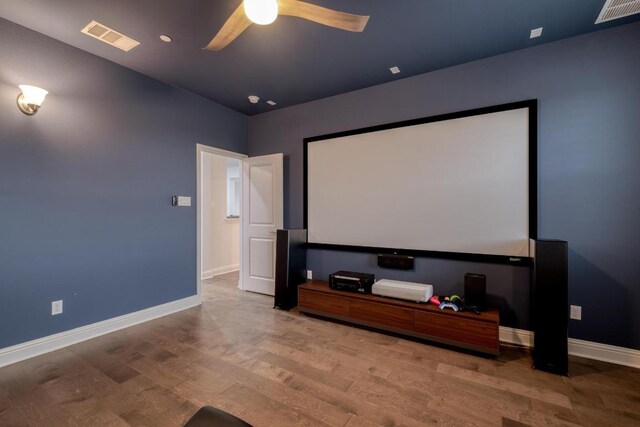 3908 Logan Ridge Dr, Cedar Park, TX 78613 - home theater room featuring wood finished floors, a ceiling fan, and recessed lighting