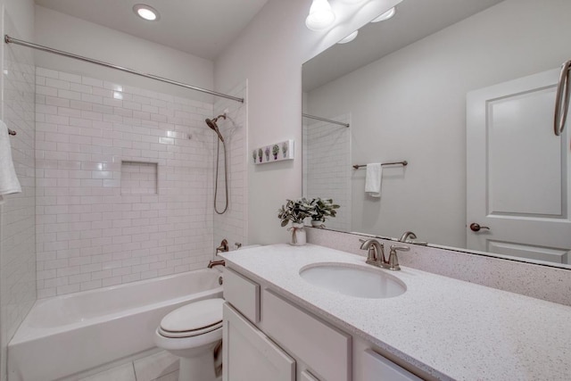 3908 Logan Ridge Dr, Cedar Park, TX 78613 - full bath featuring toilet, vanity, washtub / shower combination, tile patterned flooring, and recessed lighting