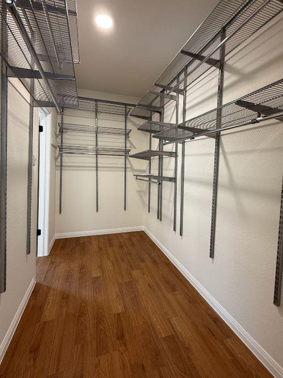 walk in closet featuring dark wood-style flooring