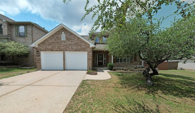 traditional-style home featuring a garage, driveway, a front lawn, and brick siding