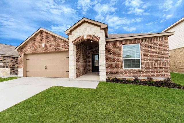1139 Amy Dr, Kyle, TX 78640 - ranch-style house with concrete driveway, brick siding, a front yard, and a garage