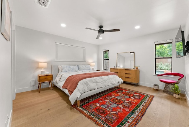 bedroom with visible vents, light wood-style flooring, and multiple windows