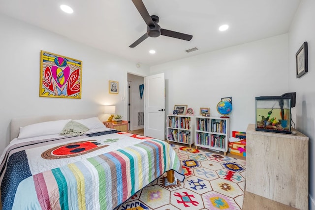 bedroom featuring ceiling fan, recessed lighting, and visible vents