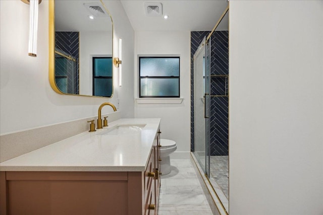 full bathroom with vanity, toilet, marble finish floor, a shower stall, and visible vents