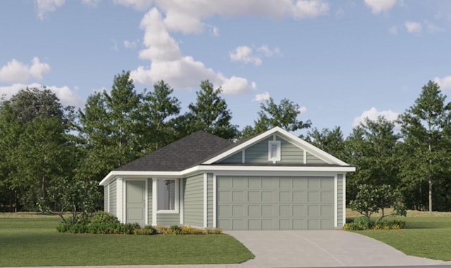 view of front of property featuring a garage, a front yard, and concrete driveway