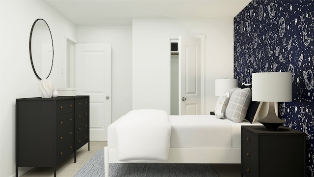 carpeted bedroom featuring wallpapered walls