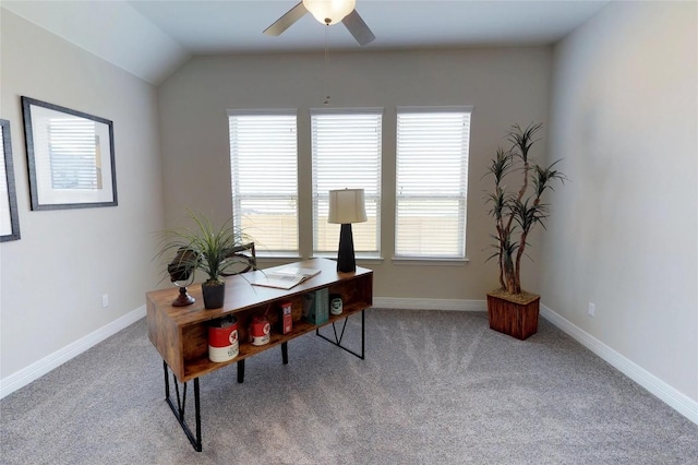 148 Golden Sage Ave, Georgetown, TX 78633 - office featuring ceiling fan, carpet floors, and vaulted ceiling