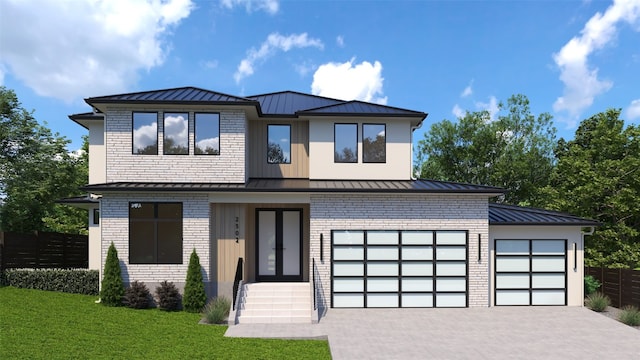 contemporary house with fence, a standing seam roof, and metal roof