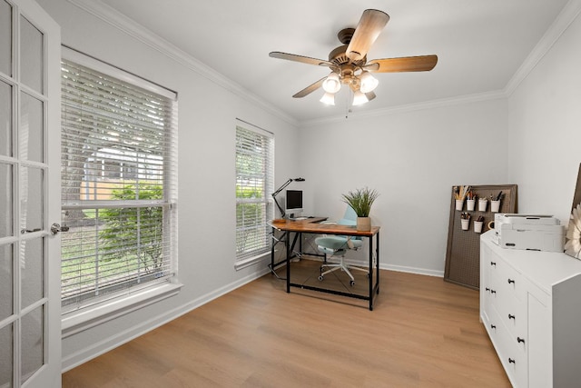 2104 Faldo Ln, Round Rock, TX 78664 - office area featuring light wood-type flooring, ornamental molding, baseboards, and a ceiling fan