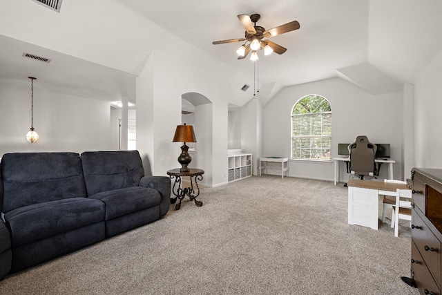 2104 Faldo Ln, Round Rock, TX 78664 - carpeted living area with an office area, a ceiling fan, lofted ceiling, and baseboards