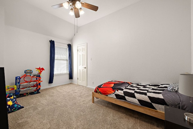 2104 Faldo Ln, Round Rock, TX 78664 - bedroom featuring carpet floors, vaulted ceiling, baseboards, and a ceiling fan