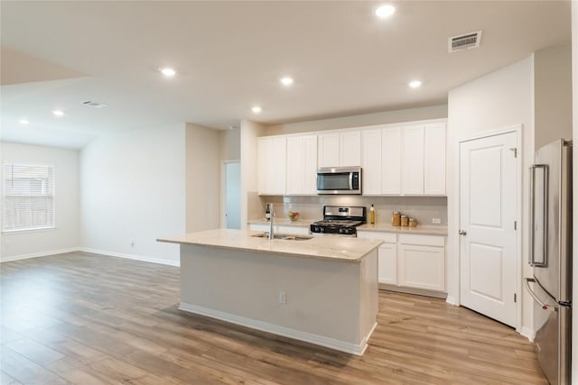 kitchen featuring visible vents, light wood-style floors, a sink, backsplash, and stainless steel appliances