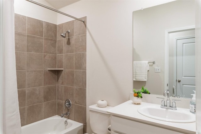 bathroom featuring toilet, shower / bath combo, and vanity