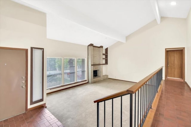 2015 Mistywood Dr, Austin, TX 78746 - carpeted foyer entrance featuring brick patterned floors and a brick fireplace