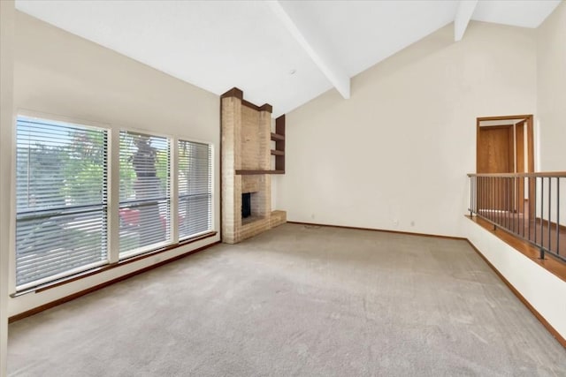 unfurnished living room featuring a brick fireplace, beamed ceiling, baseboards, high vaulted ceiling, and carpet