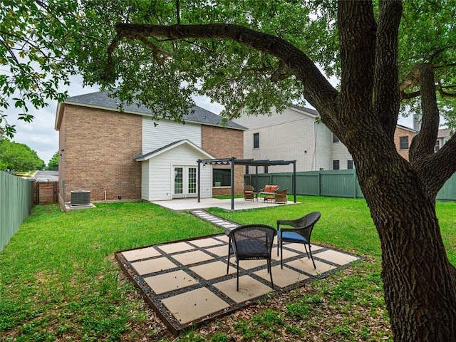 rear view of house featuring a pergola, brick siding, central AC unit, french doors, and a patio