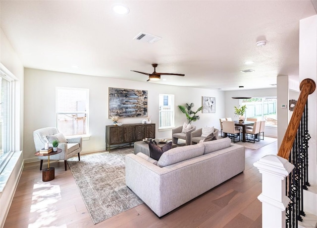 11224 Pickard Ln, Austin, TX 78748 - living room featuring light wood finished floors, recessed lighting, and ceiling fan