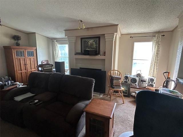 living area featuring a fireplace, light carpet, and a textured ceiling