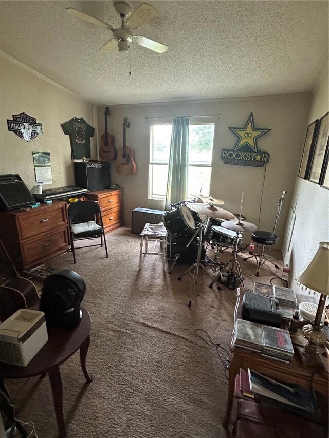 office area with carpet floors, a ceiling fan, and a textured ceiling