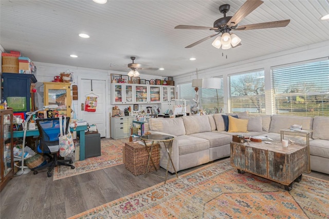living room with a ceiling fan, recessed lighting, wood finished floors, and wood ceiling