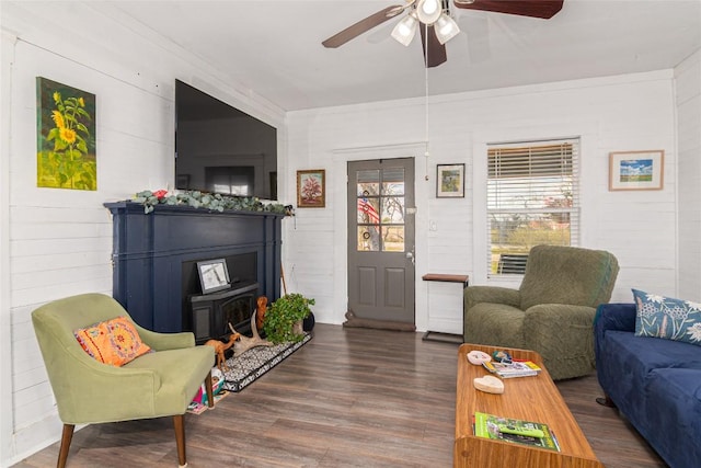 living area with ceiling fan, a wood stove, and wood finished floors