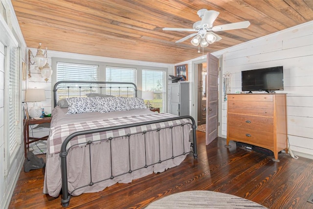 bedroom featuring wood-type flooring, wood walls, multiple windows, and wooden ceiling