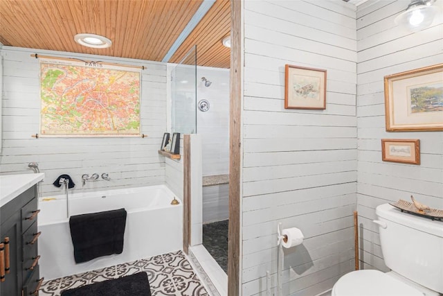 full bathroom featuring toilet, wood walls, a shower stall, and a bath