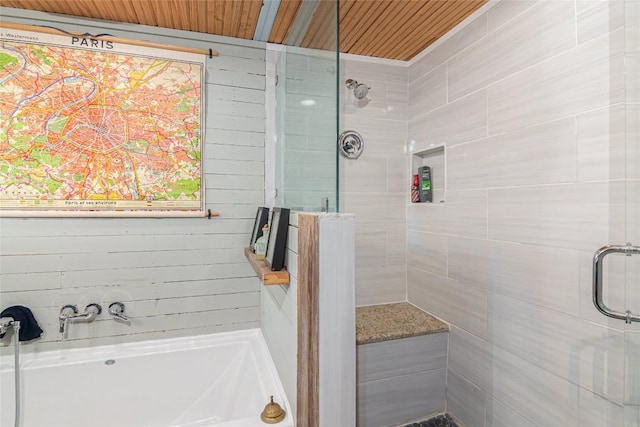 full bathroom featuring wood ceiling and tiled shower