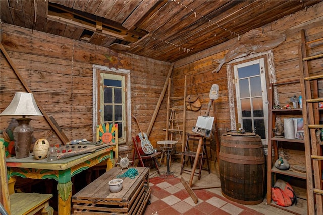 interior space with wooden walls and wooden ceiling