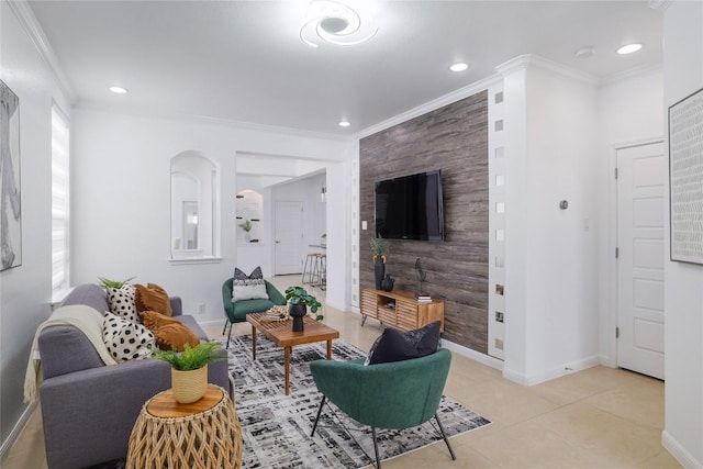 7300 Colina Vis Unit B, Austin, TX 78750 - living room with crown molding, recessed lighting, baseboards, light tile patterned flooring, and arched walkways